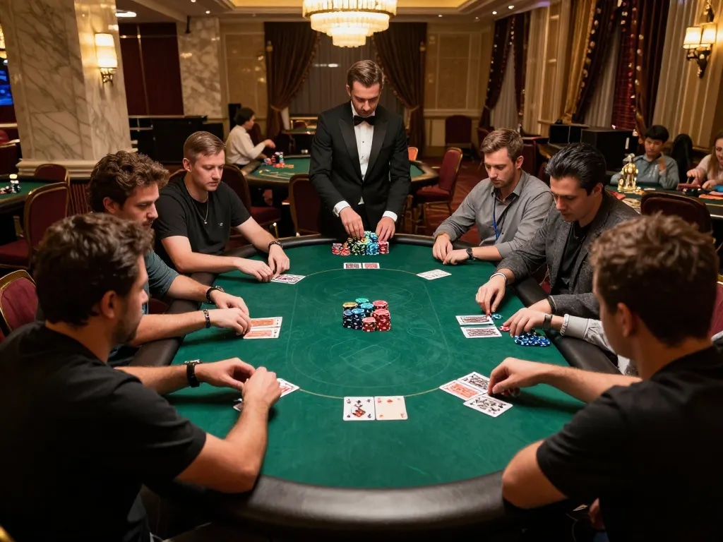 The B52 poker game showcases intense player action at a vibrant casino table.