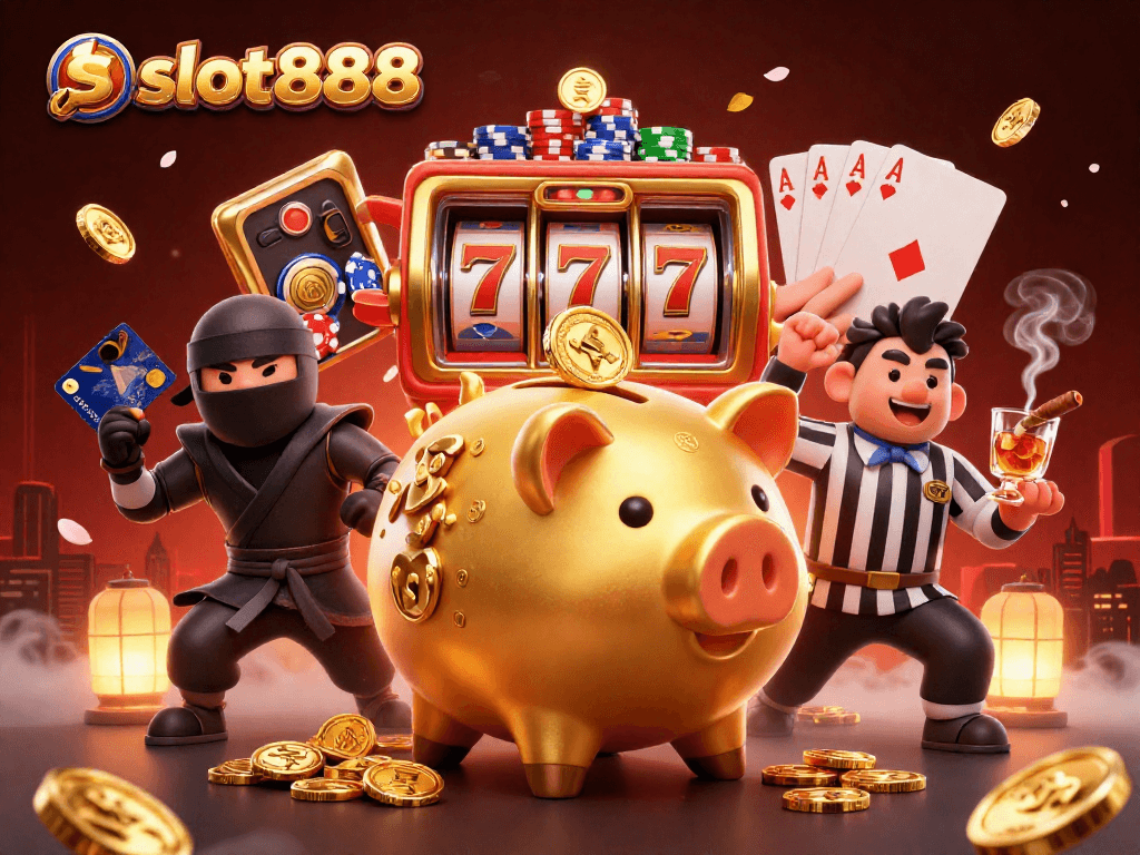 Memenangkan hadiah besar di slot888 dengan gaya komedi, dikelilingi karakter kasino berwarna-warni dan elemen permainan riel.