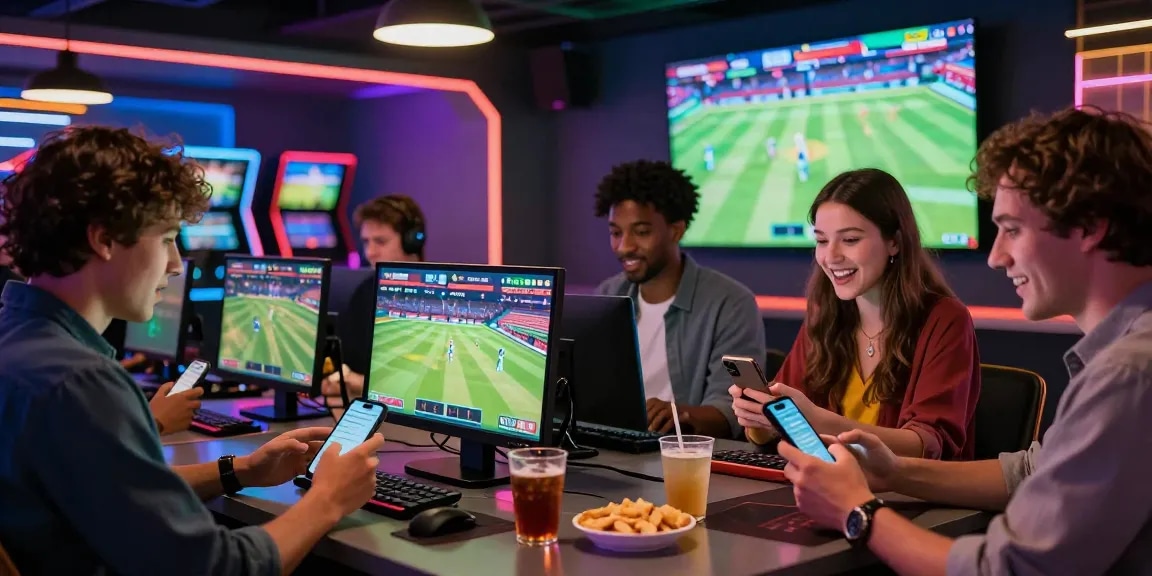 Gathering of enthusiastic bettors engaging with Fairplay24 on smartphones in an immersive online betting environment