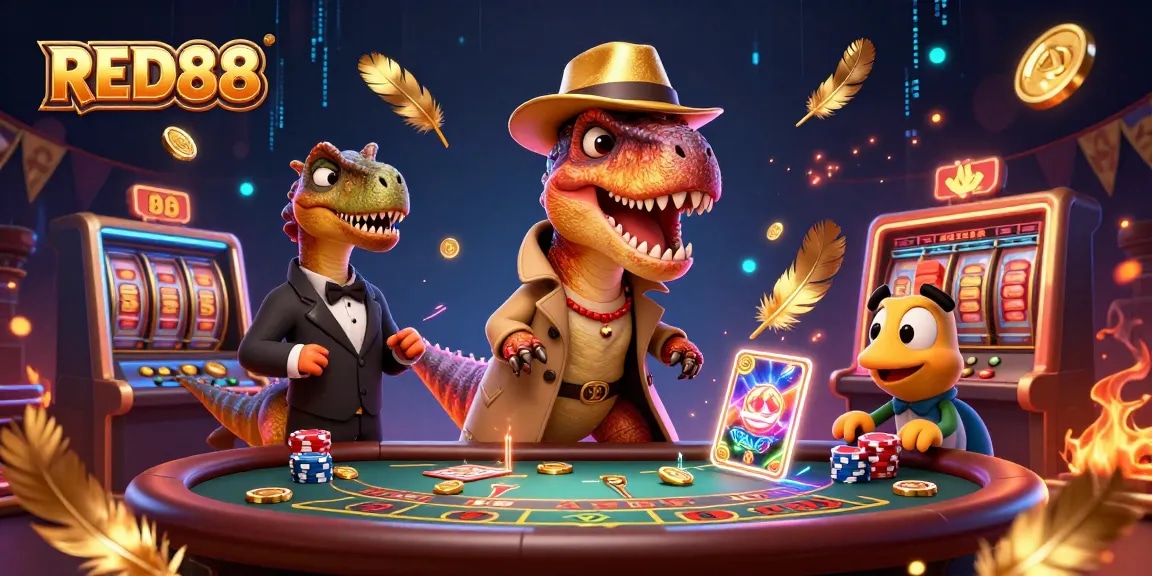 Engage in thrilling casino adventures with RED88 featuring a velociraptor and stegosaurus at a blackjack table.