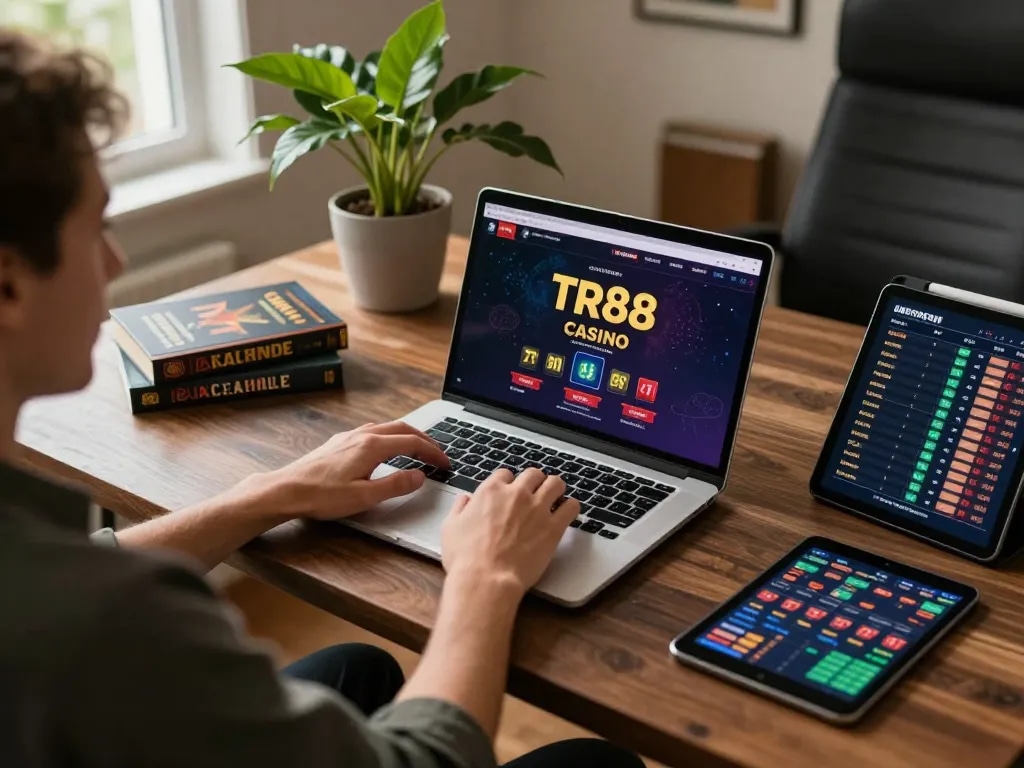 TR88 online gambling interface displayed on laptop during cozy gaming session at home.
