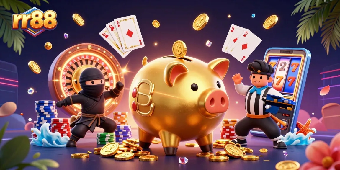 Experience thrilling gameplay at rr88 with vibrant characters and casino elements surrounding a sumo wrestler.