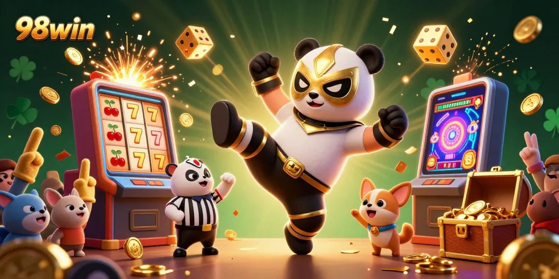 Engage with the vibrant 98win gaming scene featuring a panda wrestler and exciting casino elements.