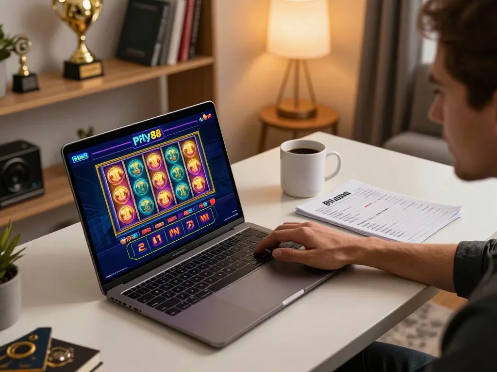Engaging online gaming session on pfly88 with colorful slot reels and strategic betting notes.