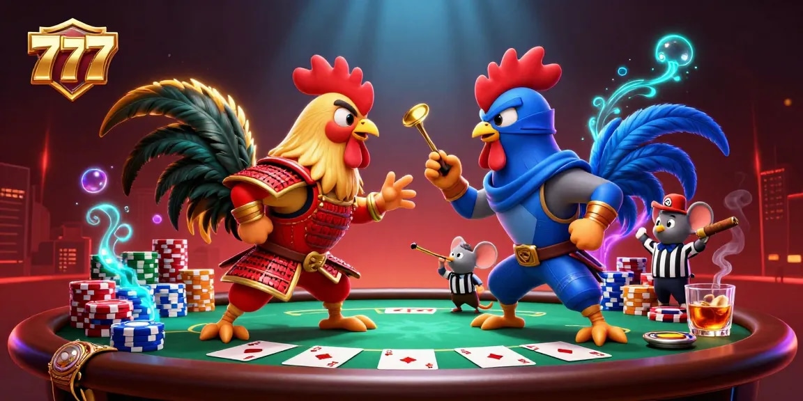 Engage with 777 gaming excitement as rooster warriors clash over poker chips and cards in a vibrant casino scene.