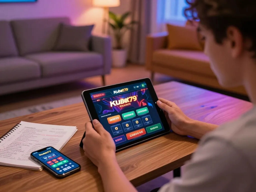 Player engaging with kubet79 online casino on tablet, showcasing a strategic gaming environment.
