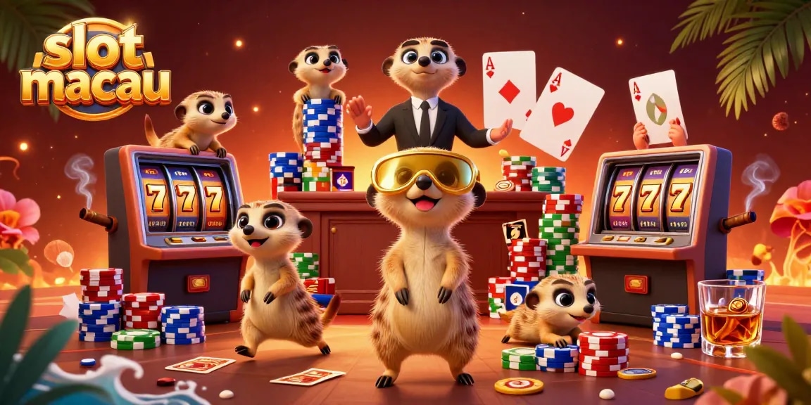 Experience thrilling action at slot macau with meerkats running a lively casino scene amidst vibrant gambling elements.