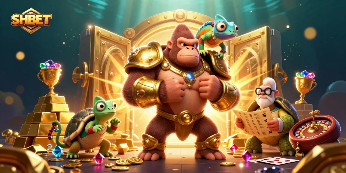 Engage in thrilling gameplay with SHBET as the cartoon gorilla king and friends celebrate at a casino scene.