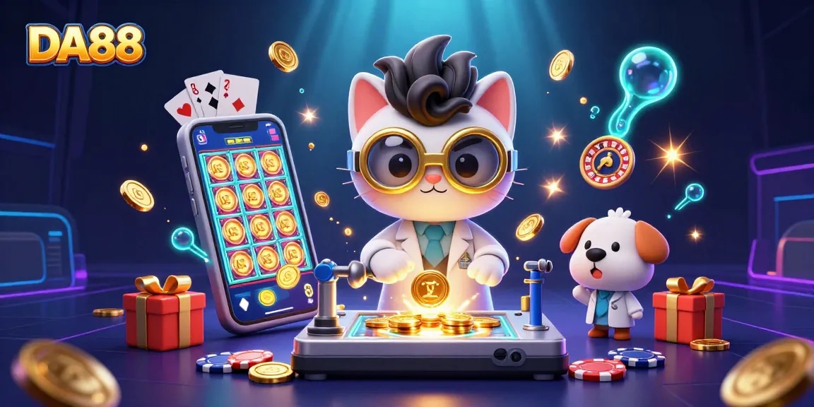 DA88 casino themed illustration featuring a mad scientist cat creating wealth with gold coins and a dog assistant.