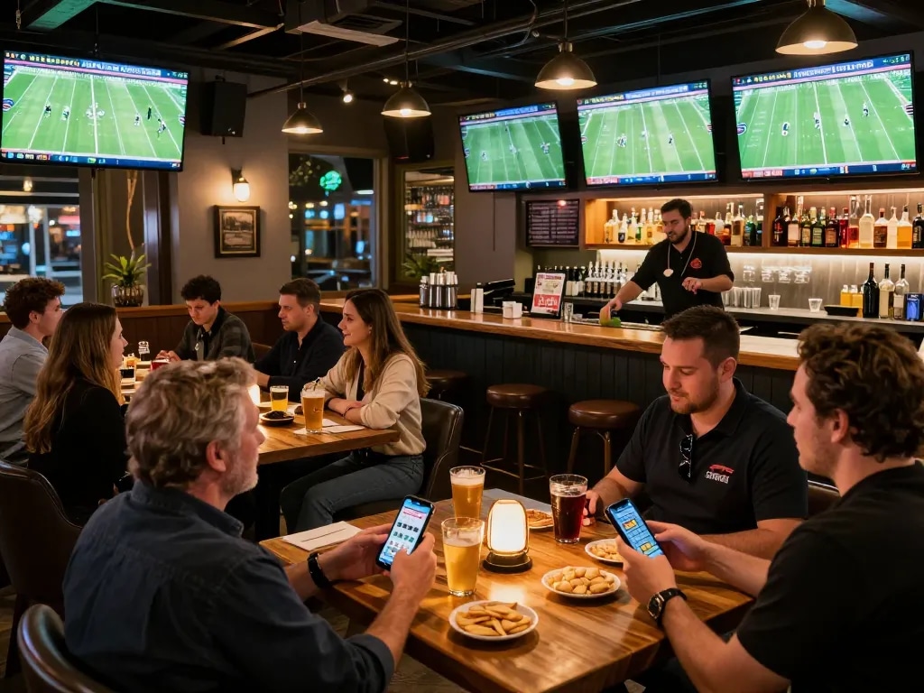 Patrons engaging in sports betting at a lively bar while enjoying a game, focusing on uu88 bet excitement and interaction