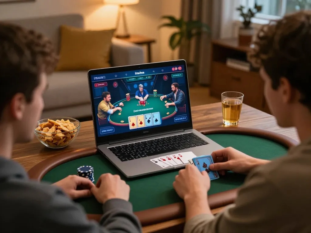 Iwin players strategizing during an online poker game in a cozy home setting.