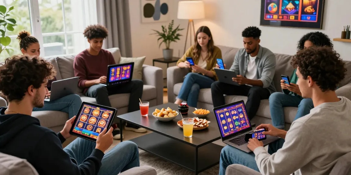 Engaging scene of players enjoying new UK slot sites on multiple devices, showcasing vibrant graphics and a cozy gaming atmosphere.
