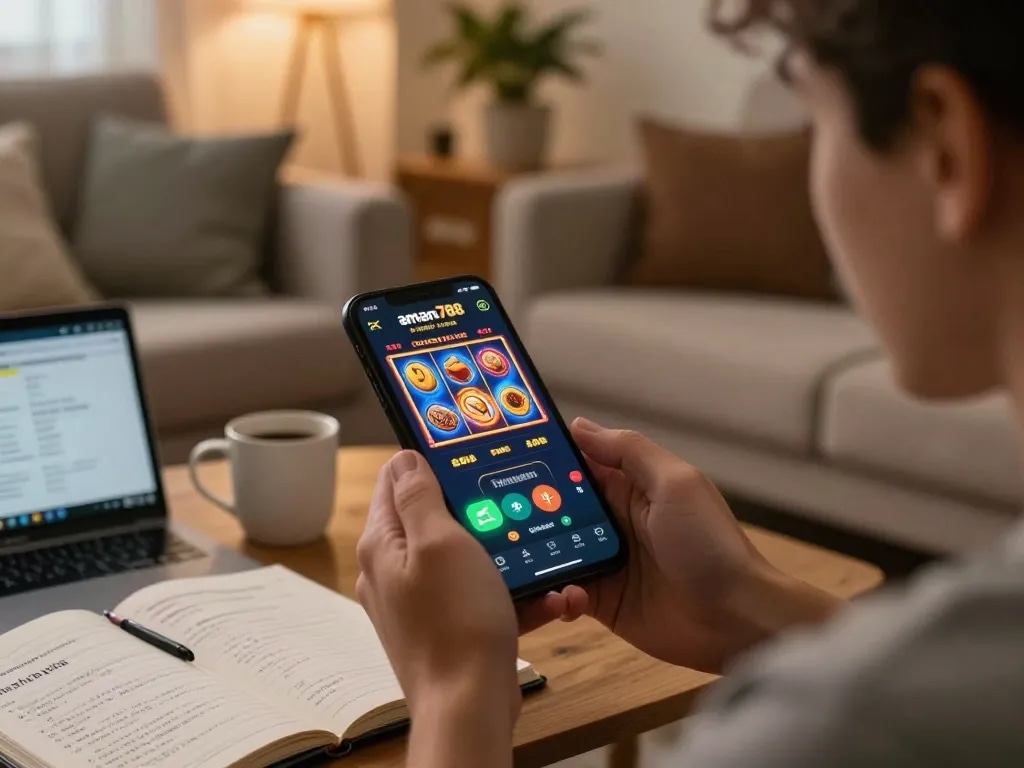 Pemain terlibat dengan aplikasi aman788 di perangkat mobile mereka, terbenam dalam sesi perjudian di rumah.