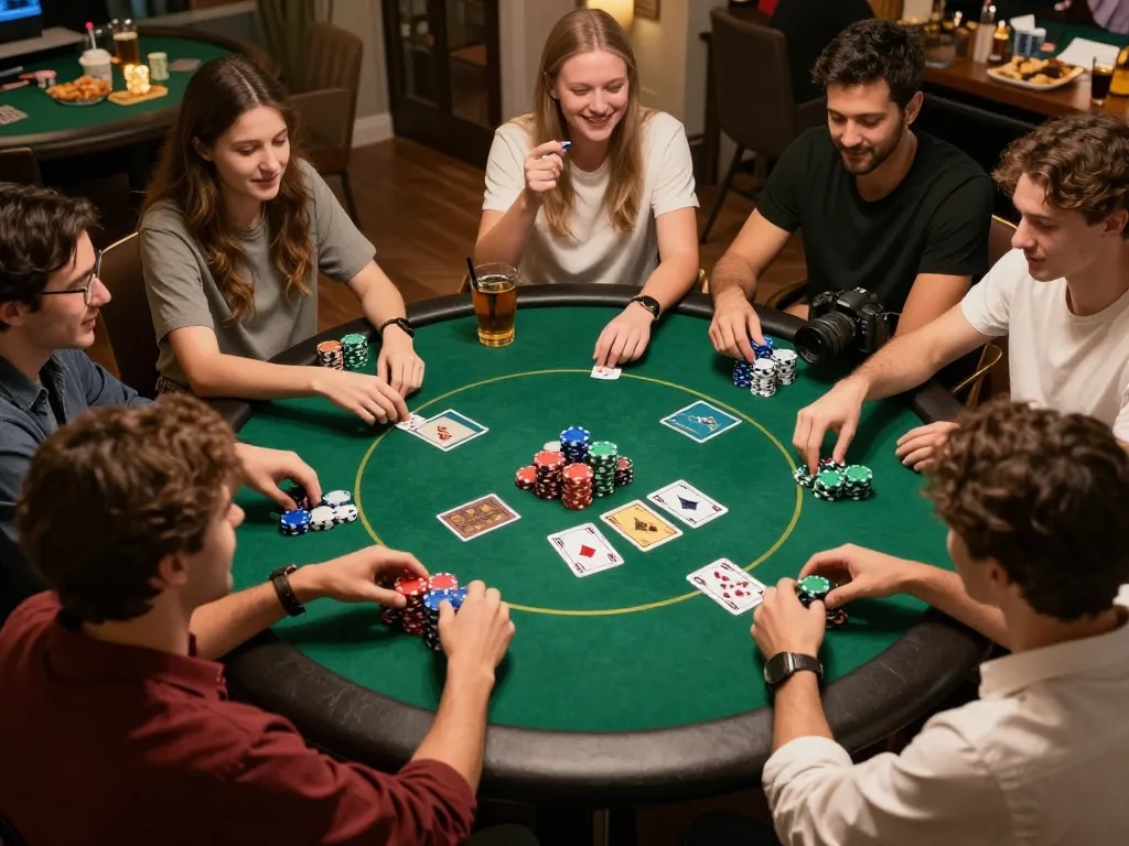 Engaging poker game at home with friends showcasing strategy and excitement, tied to go8 gaming experience.