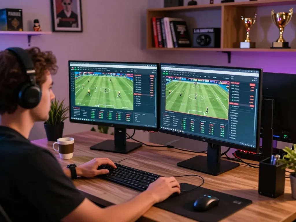Tructiepbongda user engaging in online sports betting with live odds on screen, reflecting strategic decision-making.
