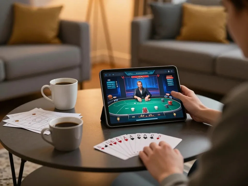 Player enjoying online poker at RR88, with strategy notes and warm home atmosphere.