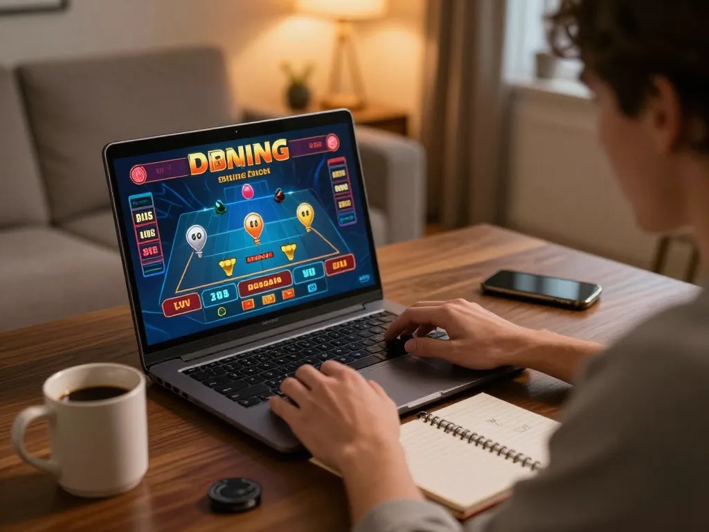 Hitclub user enjoying live dealer game on laptop, with cozy home setup and strategy notes.