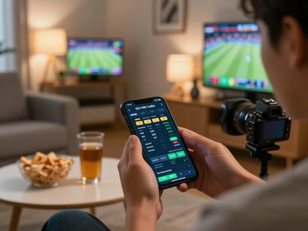 KÈO TRỰC TUYẾN app interface showing live sports betting odds in a cozy setting