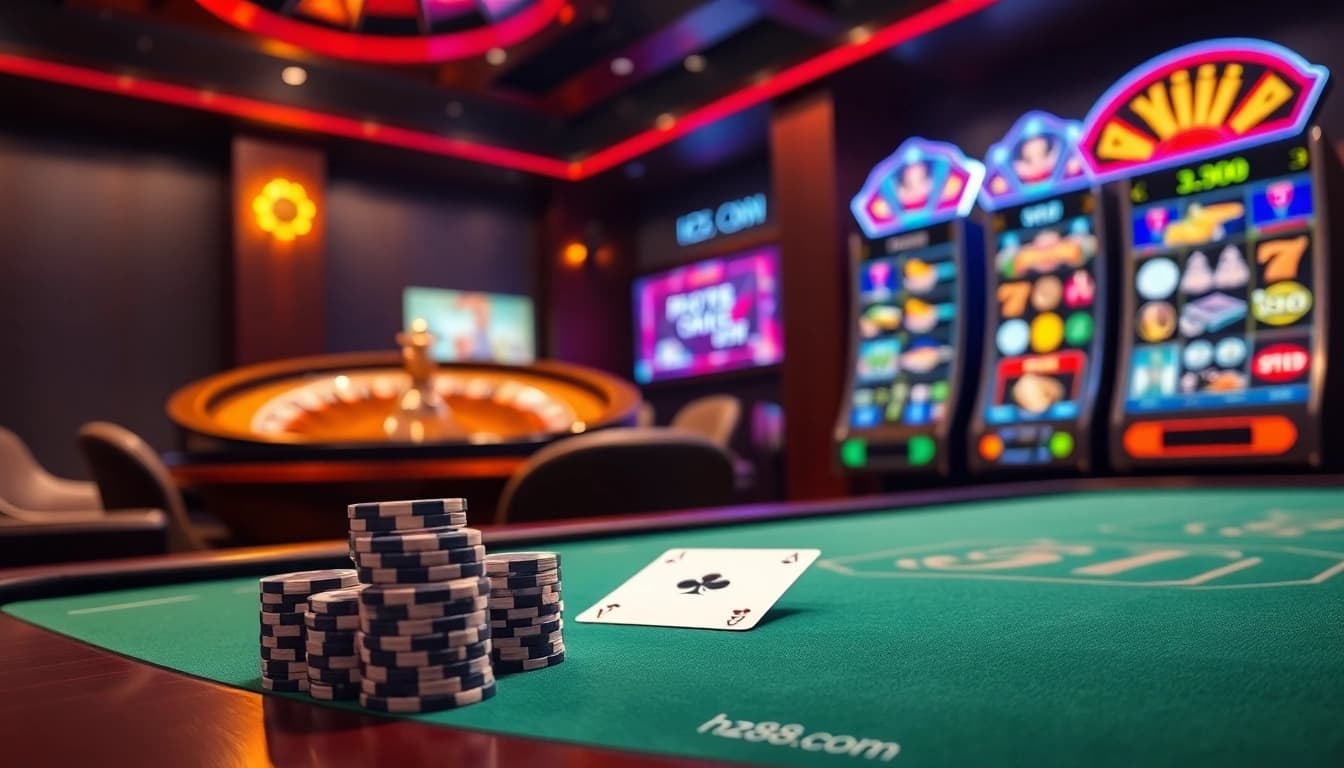 Professional gambler placing strategic bets at a luxurious hz88.com poker table with glowing roulette and slot machines
