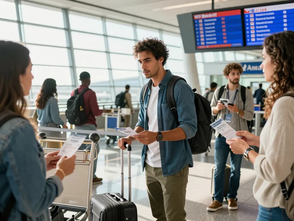 Traveler checking in for flight on American Airlines 789P at modern airport terminal.