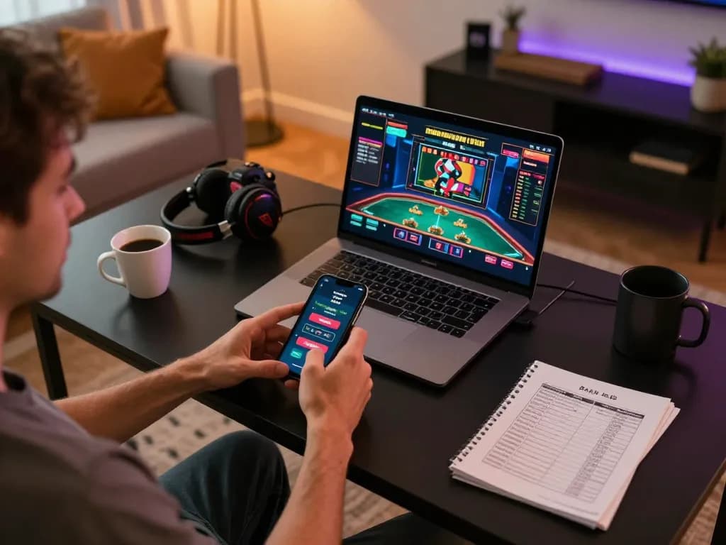 Engaging with dinamit4d casino app on smartphone at stylish home setup, emphasizing online gambling experience.
