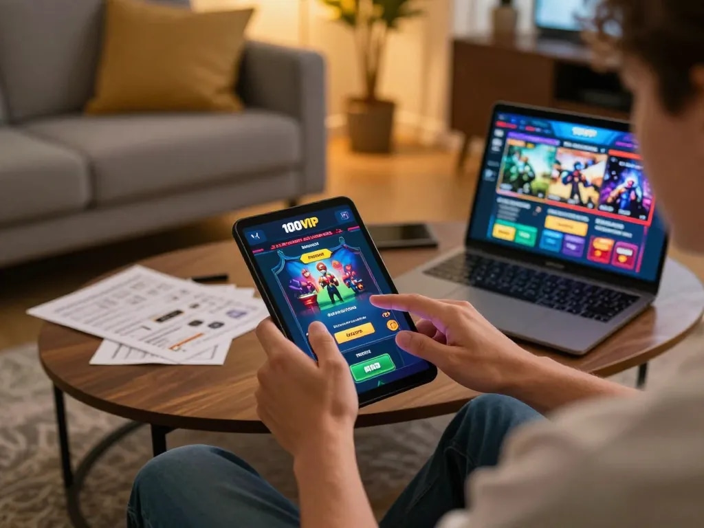 Playing the 100VIP casino app on a tablet, showcasing modern home gaming setting with strategic elements.
