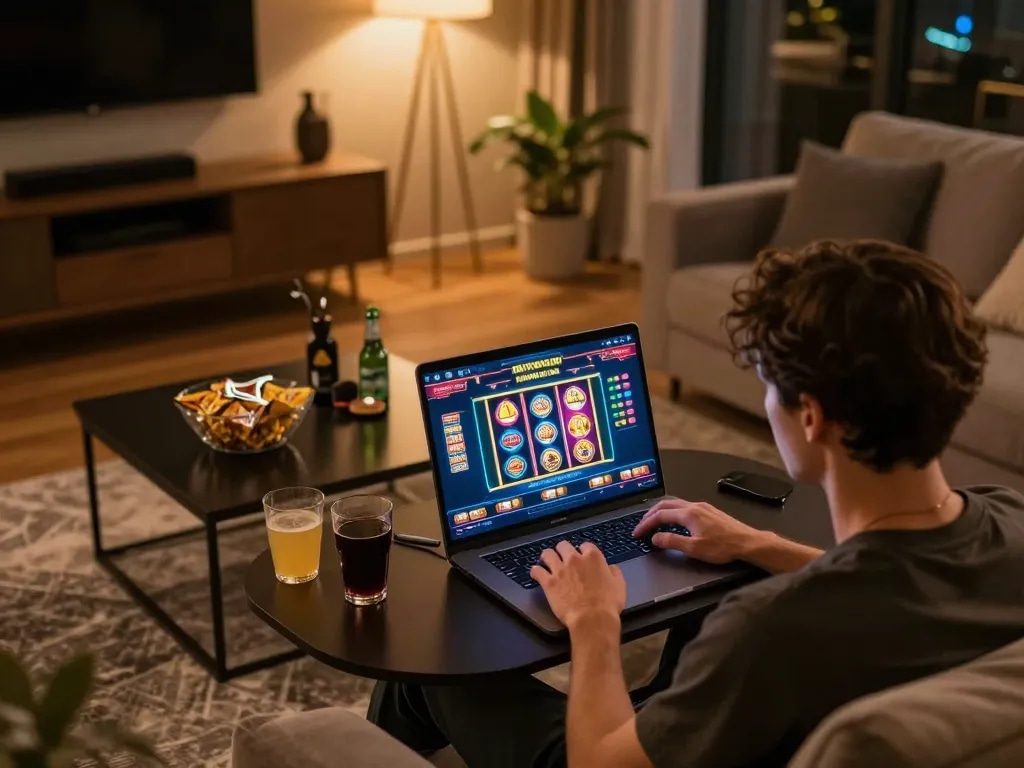 Engaging player enjoying online games at luck88com in a cozy home setting