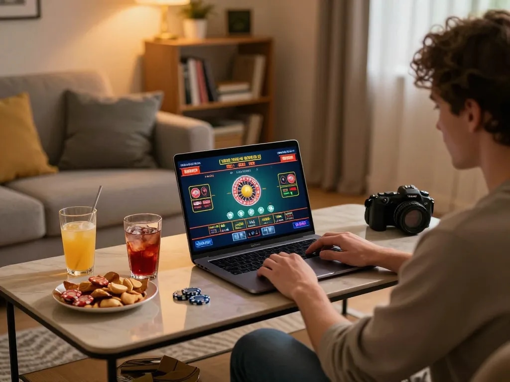 Player enjoying an online game at uu88 with live roulette displayed on the laptop screen, capturing modern gaming excitement.