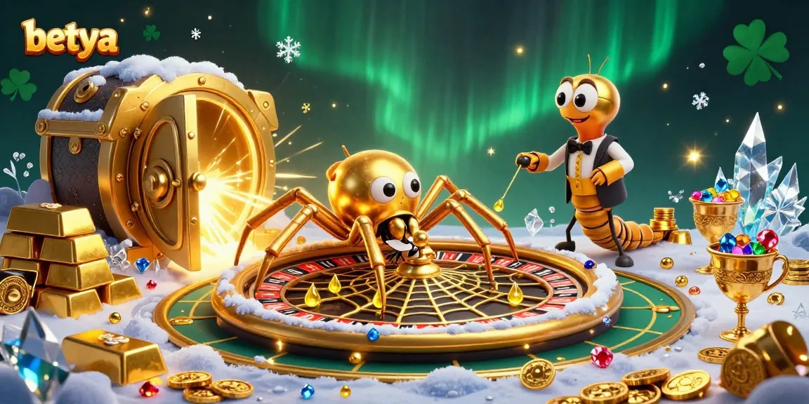 Betya showcases a cartoon spider and croupier in a vibrant casino scene filled with treasures.