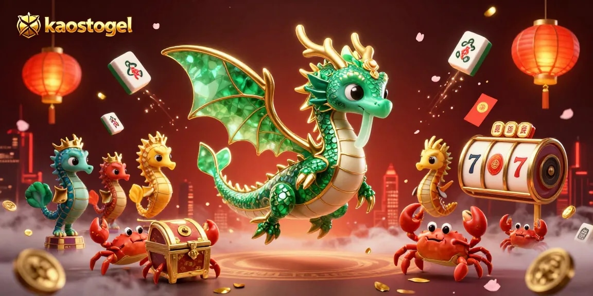 Engage with kaostogel's vibrant 3D casino scene featuring a sea dragon, slot reels, and festive decorations.