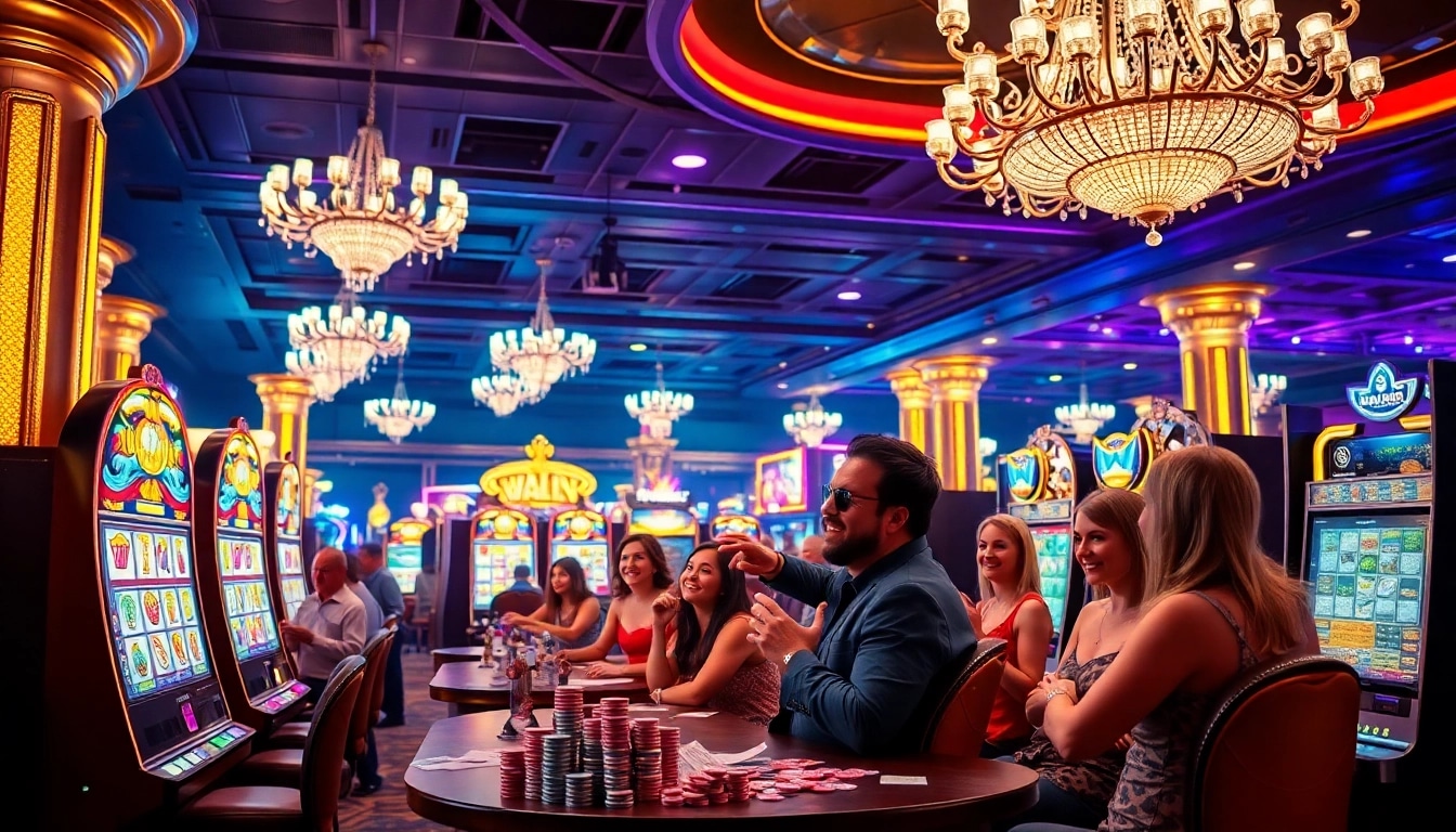 Players enjoying slot machines in a vibrant casino environment filled with excitement.