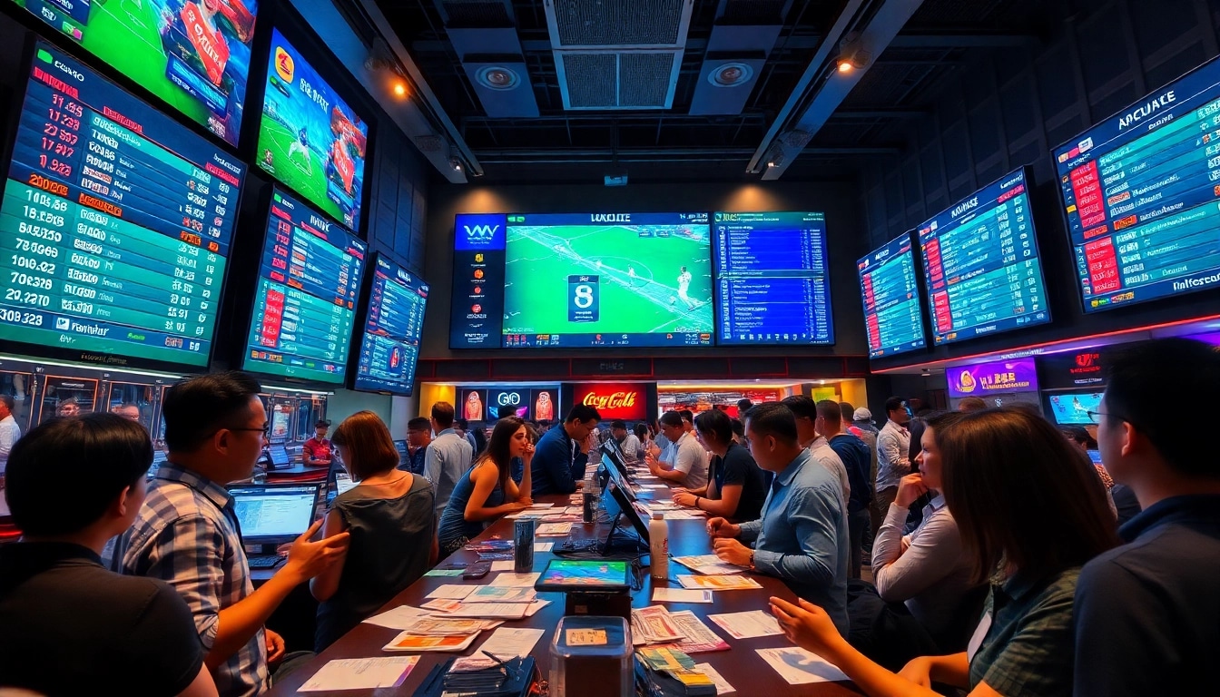 Real-time tỷ lệ kèo nhà cái on vibrant screens in a dynamic sportsbook.