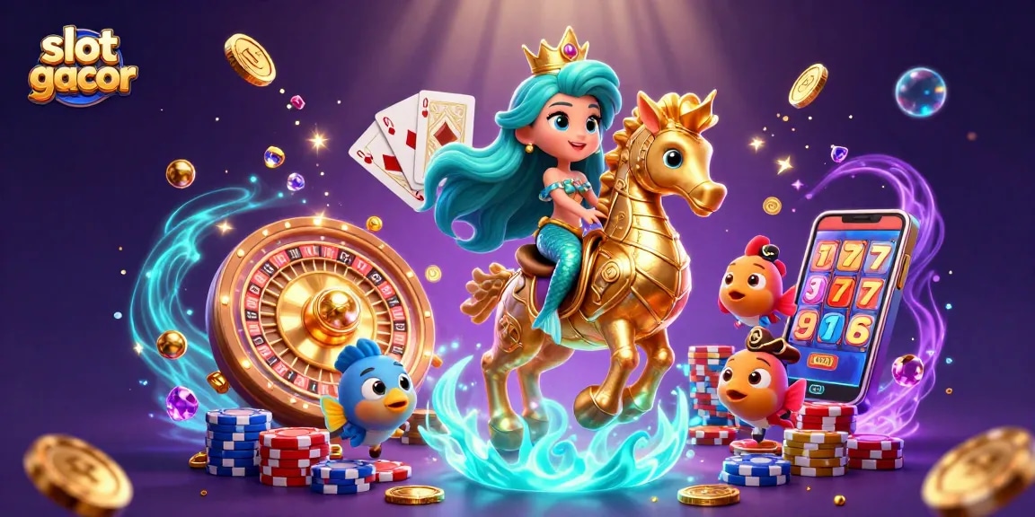 Bermain slot gacor dengan mermaid dan ikan beruang di dunia kasino dalam ilustrasi 3D ceria.