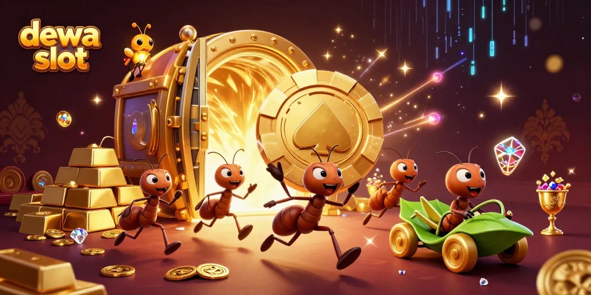 Dewa slot theme illustration of ants stealing a giant poker chip in a vibrant casino setting