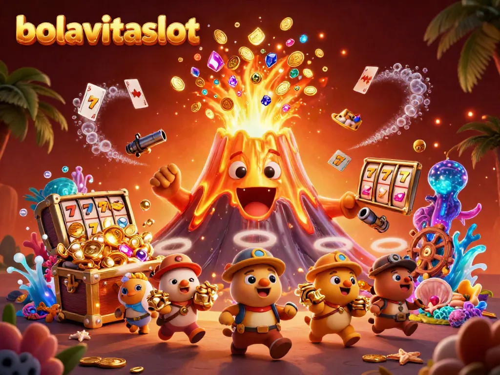 Experience the excitement of bolavitaslot with a vibrant 3D illustration showcasing treasure, slot reels, and dynamic casino elements.