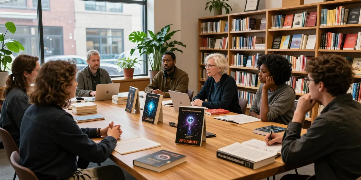 A diverse group discussing spirituality and UFO phenomena at https://tallengreenfield.com with stacks of books including UFOnauts.