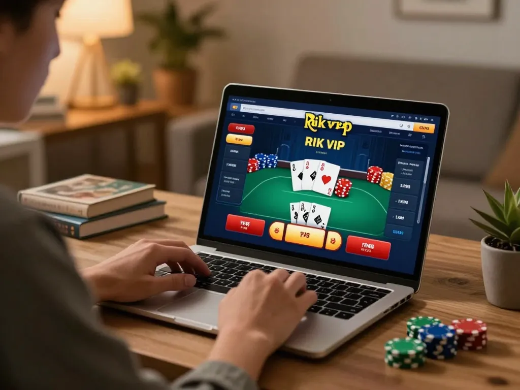 Engaging online gaming moment of rik vip with player analyzing strategy in cozy home office.
