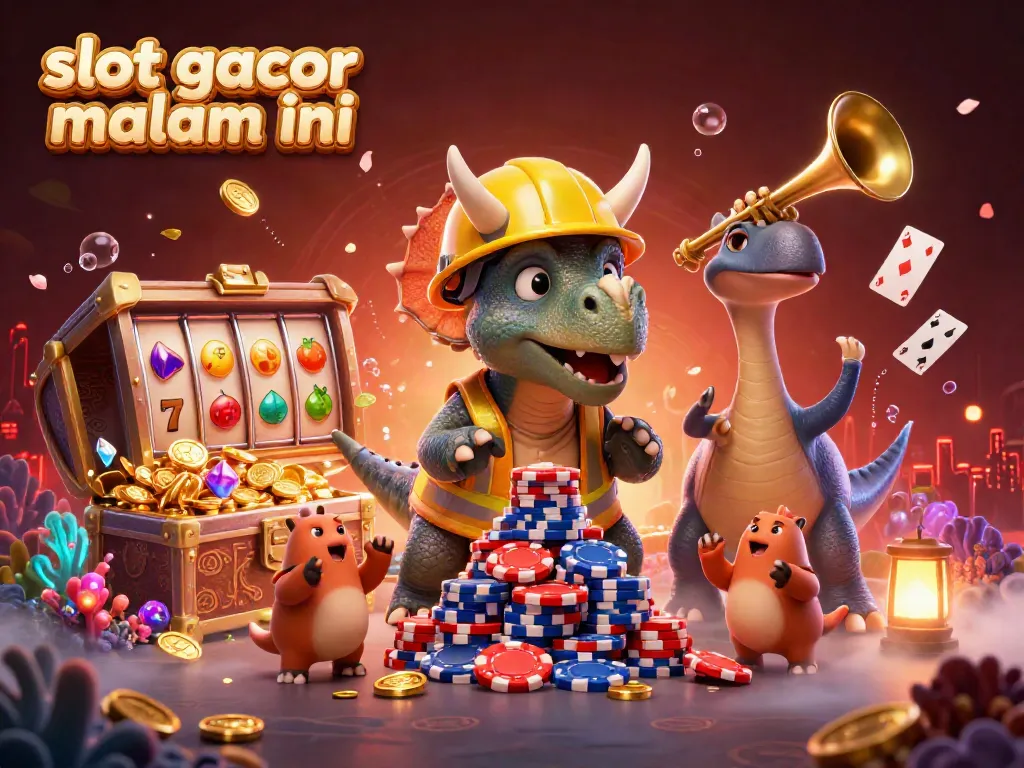 Visualisasi slot gacor malam ini dengan triceratops dan elemen kasino yang meriah.