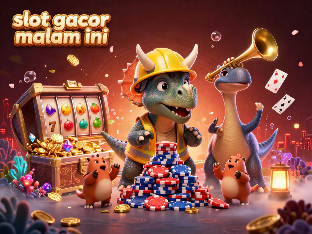 Visualisasi slot gacor malam ini dengan triceratops dan elemen kasino yang meriah.