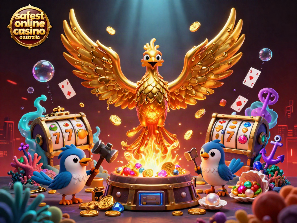 Experience the safest online casino Australia with a golden phoenix illustration showcasing casino elements like slot reels.