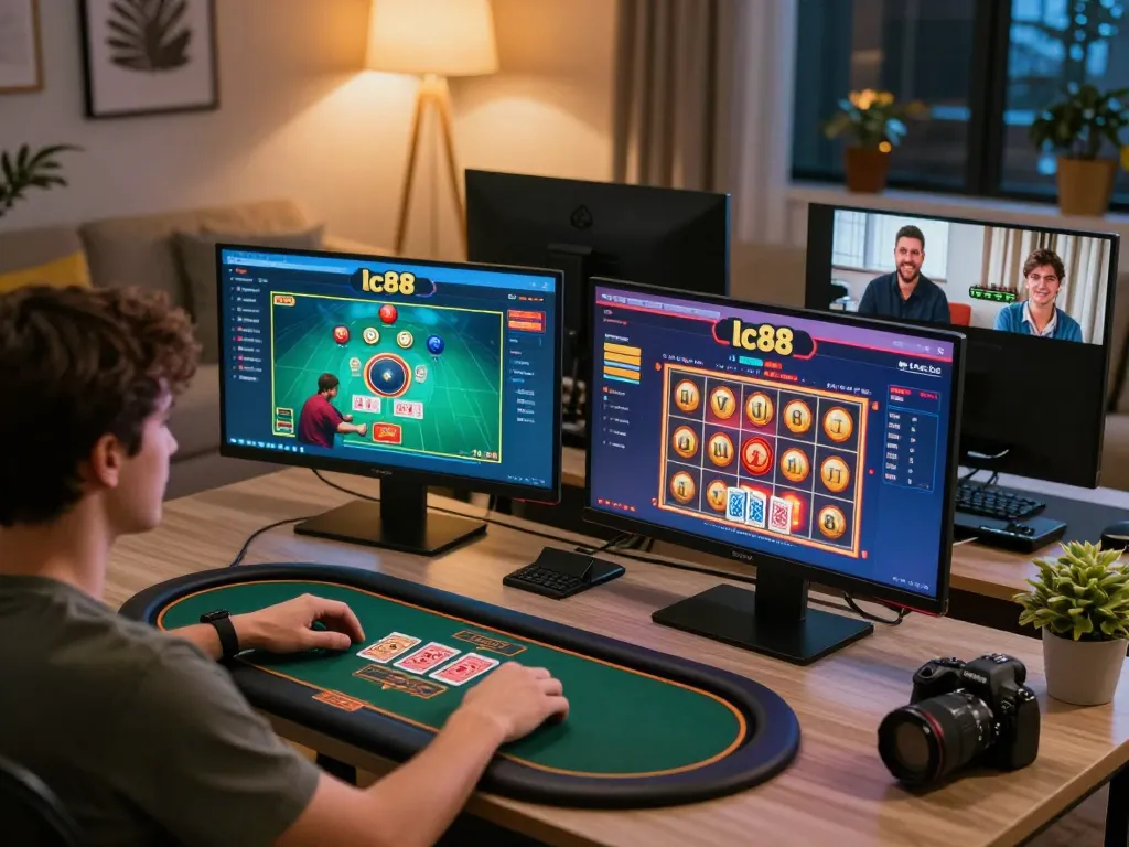 Player engaging in exciting lc88 online casino gameplay, surrounded by modern gaming setup and warm lighting