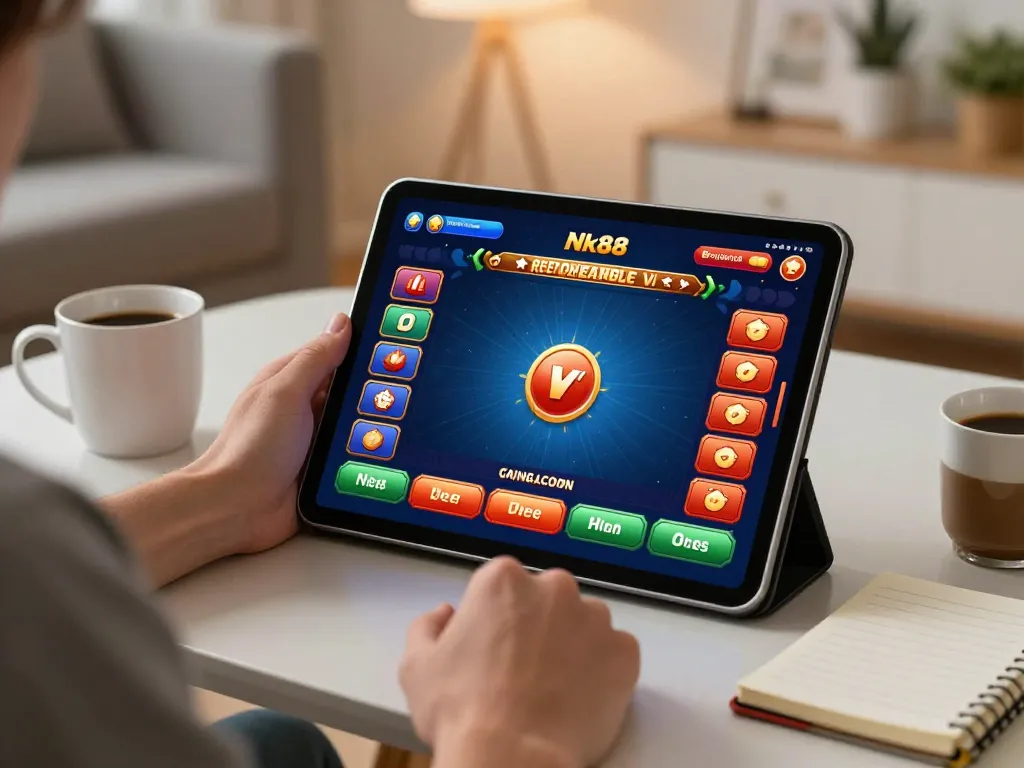 Engaging in Nk88 game on a tablet while enjoying a comfortable home setting.