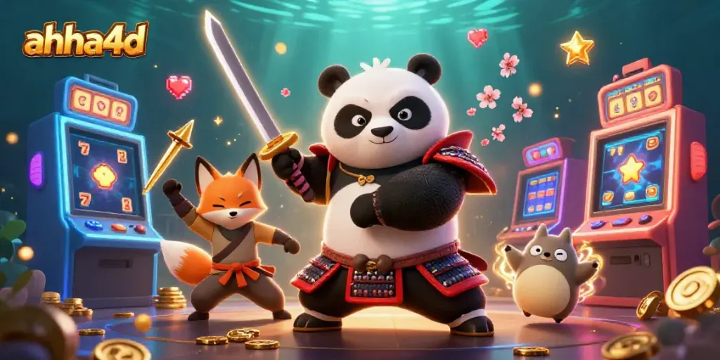 Permainan slot online ahha4d dengan panda samurai dan rubah ninja, simbol keberuntungan menghiasi latar belakang yang cerah.