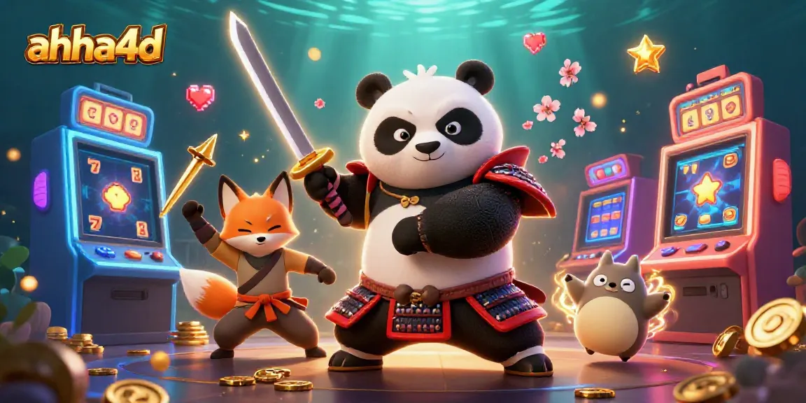 Permainan slot online ahha4d dengan panda samurai dan rubah ninja, simbol keberuntungan menghiasi latar belakang yang cerah.