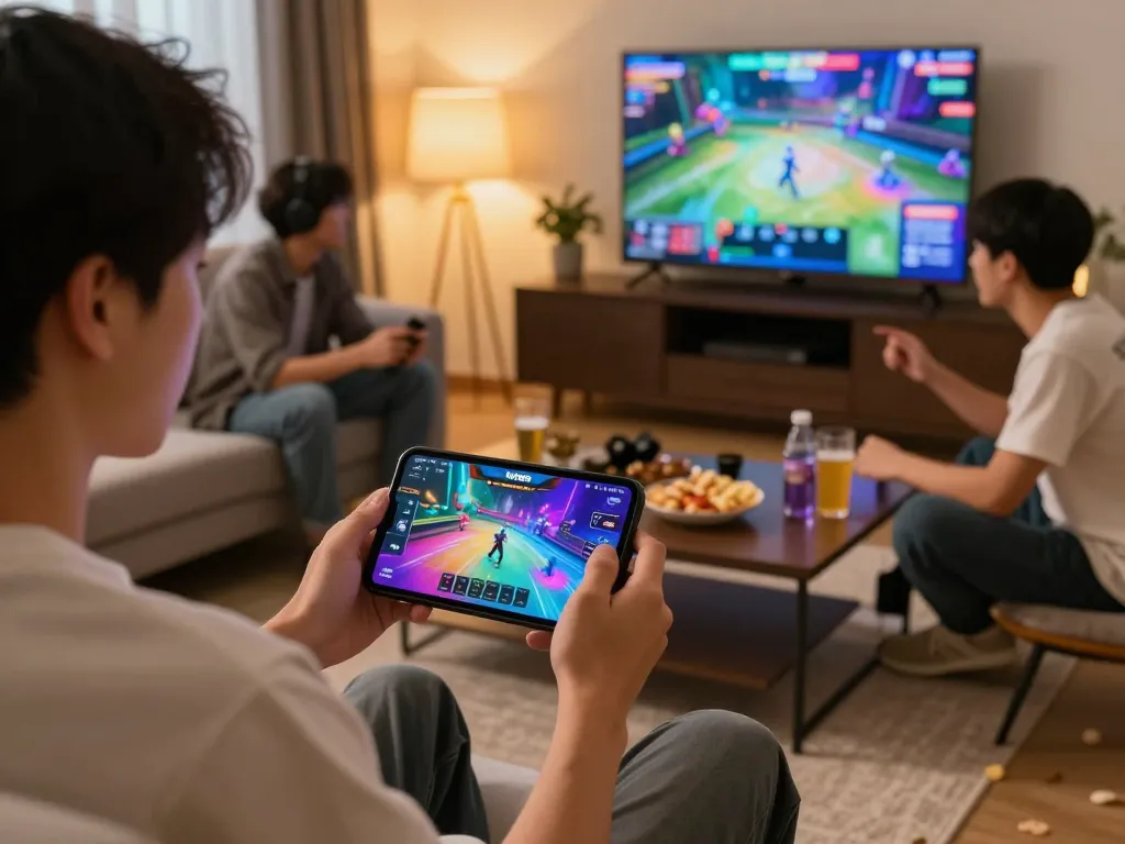 Engaging online gaming scene showcasing đăng nhập nk88 app on mobile device in a vibrant social setting.