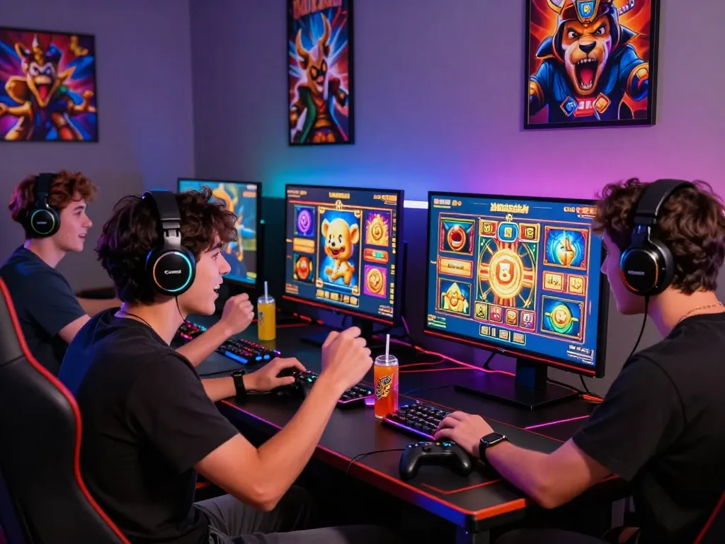Grup permainan dinamis yang bermain situs slot online dengan semangat dan aksesori berwarna-warni.