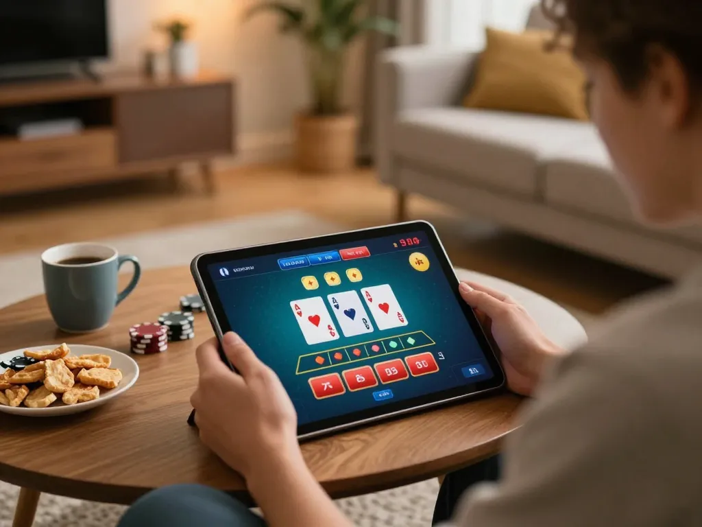 Người chơi B52club tận hưởng trò chơi blackjack trực tuyến trên máy tính bảng trong một không gian ấm cúng tại nhà