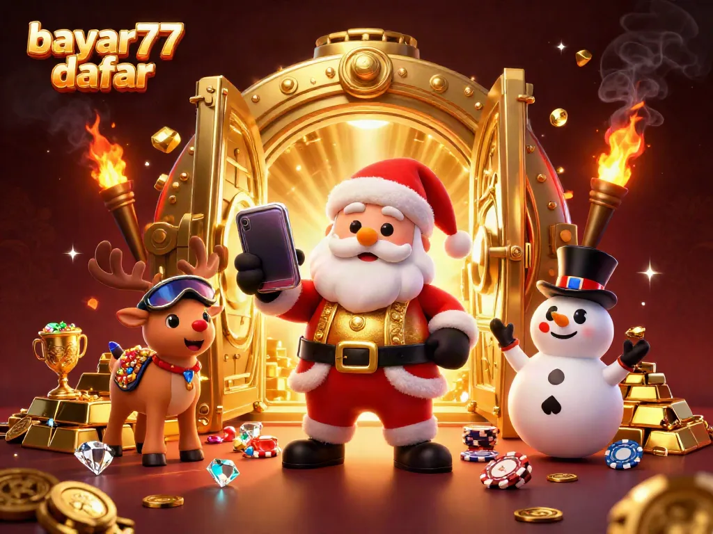 Engage in thrilling action with bayar77 daftar while enjoying a vibrant 3D casino scene featuring Santa Claus and friends.