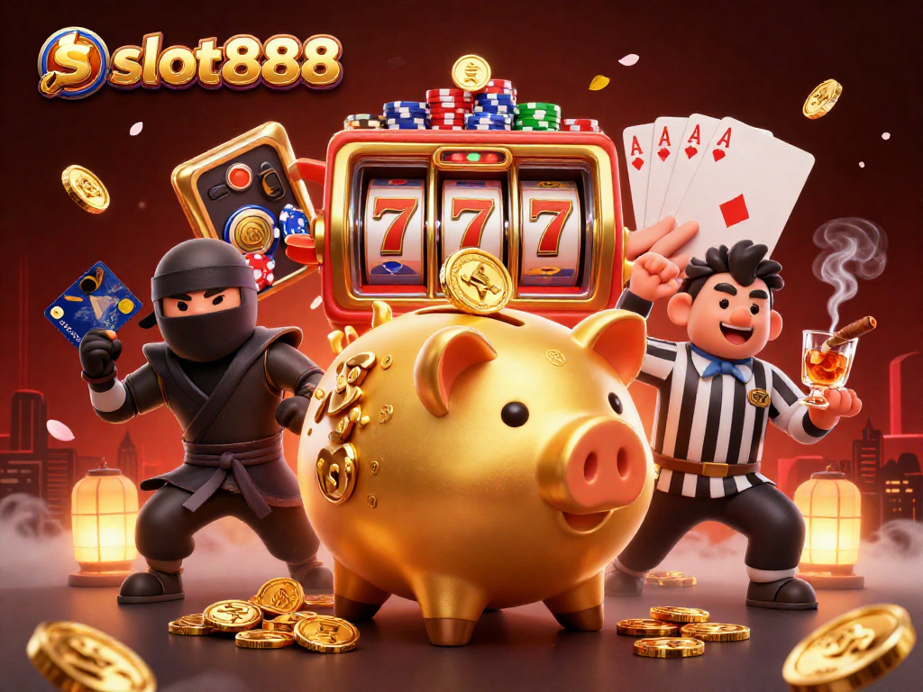 Memenangkan hadiah besar di slot888 dengan gaya komedi, dikelilingi karakter kasino berwarna-warni dan elemen permainan riel.