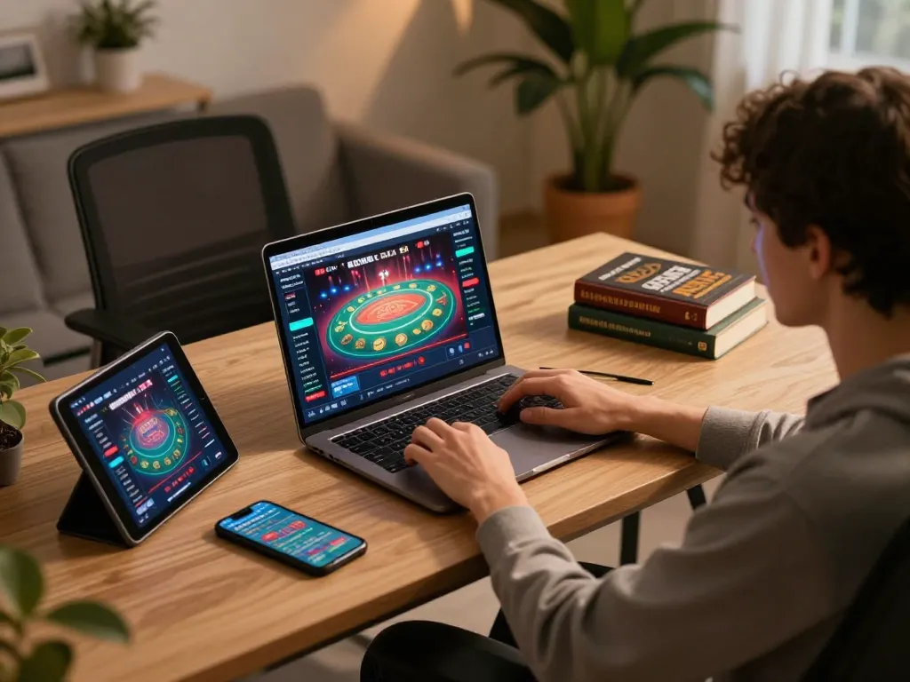 Engaging in gameplay on a non UK casino platform from a cozy home setup, showcasing an immersive online casino experience
